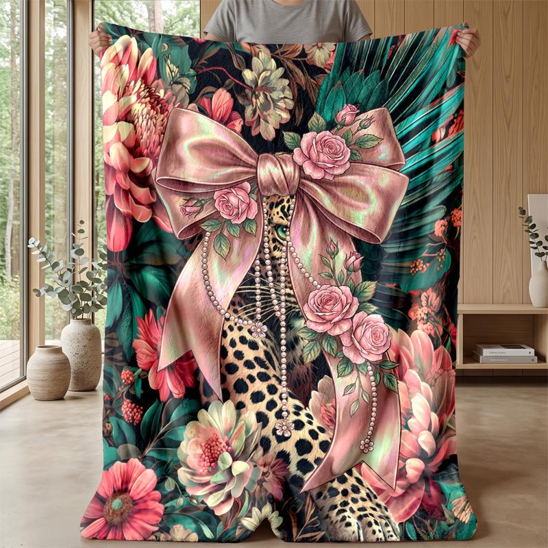 Floral Leopard Ribbon Theme Blanket Lightweight Warm Flannel Blanket Decorative Throw Blanket for Home Decoration