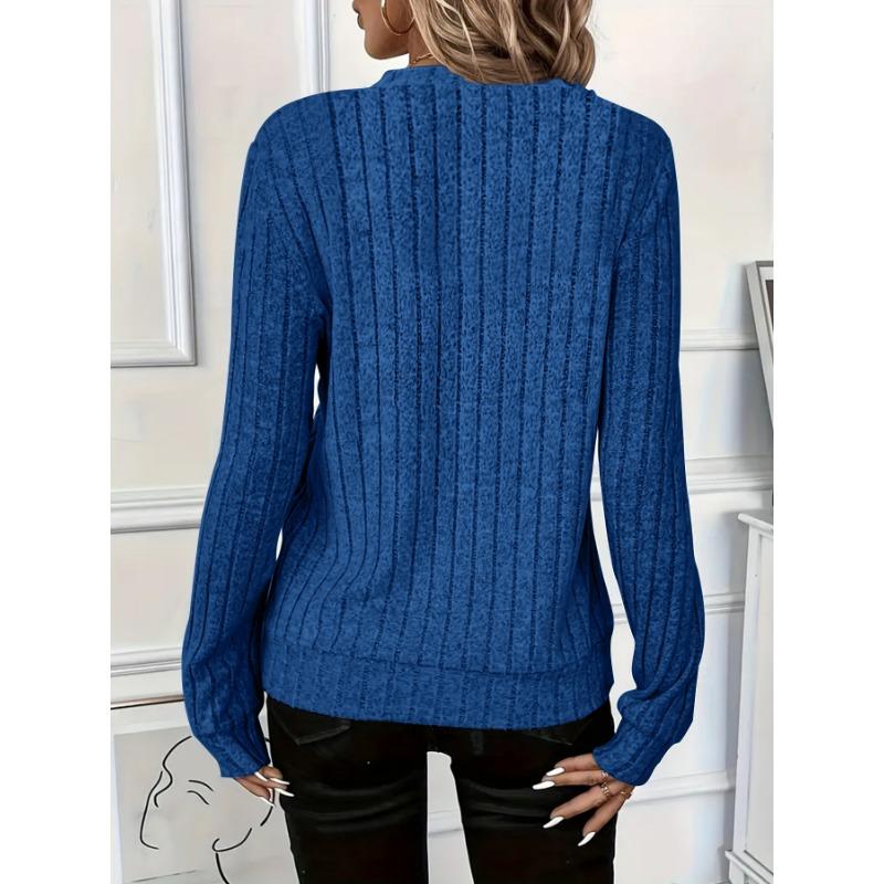 Women Solid Color Ribbed Knit Zipper Long Sleeve Loose Pullover Sweatshirt