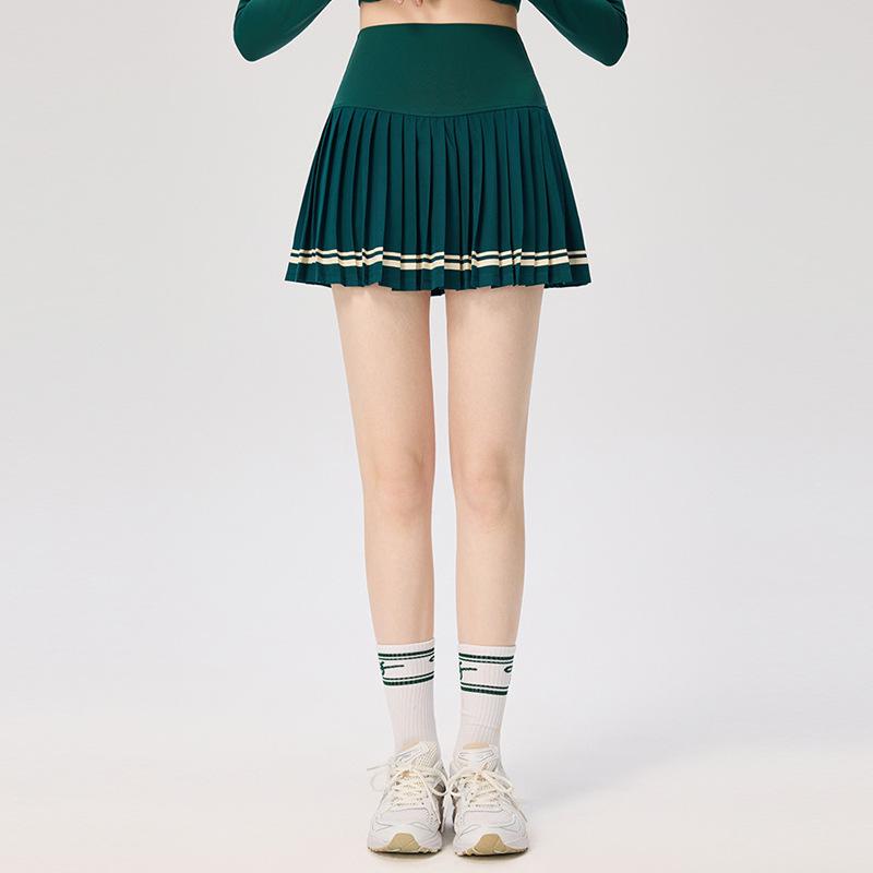 Women's Slim Fit College Style Tennis Set: Long Sleeve Top & Striped Pleated Skirt