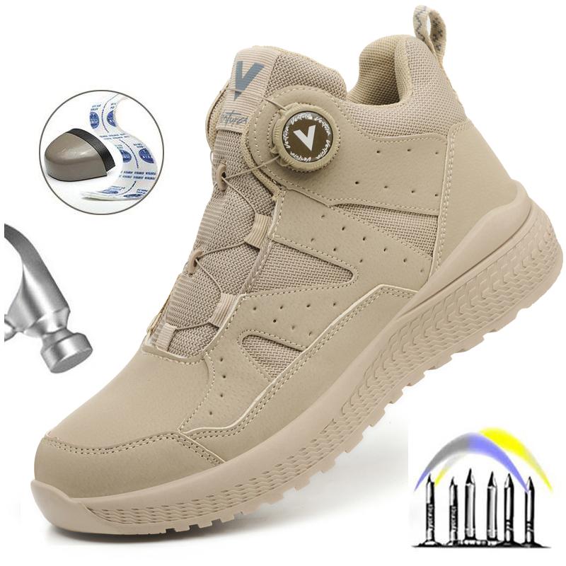 Rotating Button Men's Safety Boots Work Shoes Puncture-Proof Steel Toe Shoes Non-slip Protection Shoes High Top Security Boots