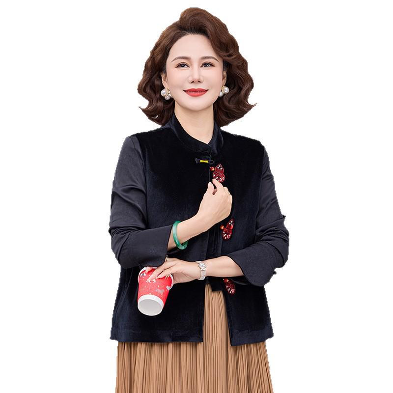 Women's Spring/Autumn 2026 Embroidered Jacket for Middle-aged & Elderly - Loose, Stylish Top