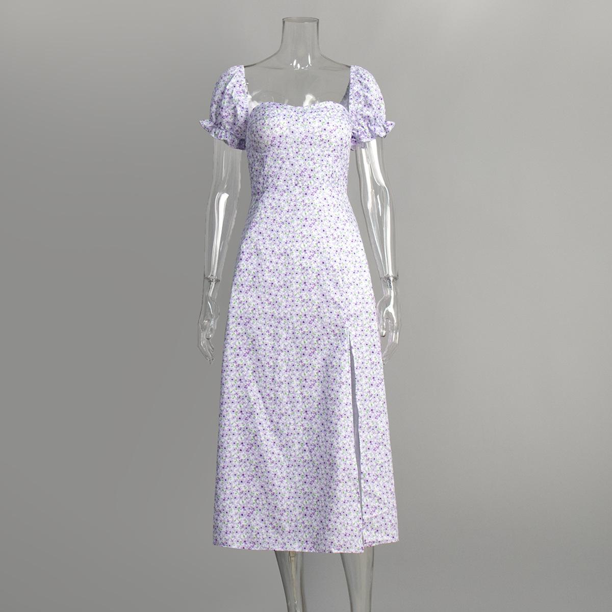 

One-word shoulder floral long dress, European and American summer new sexy split-ended slim temperament long dress L фіолетовий