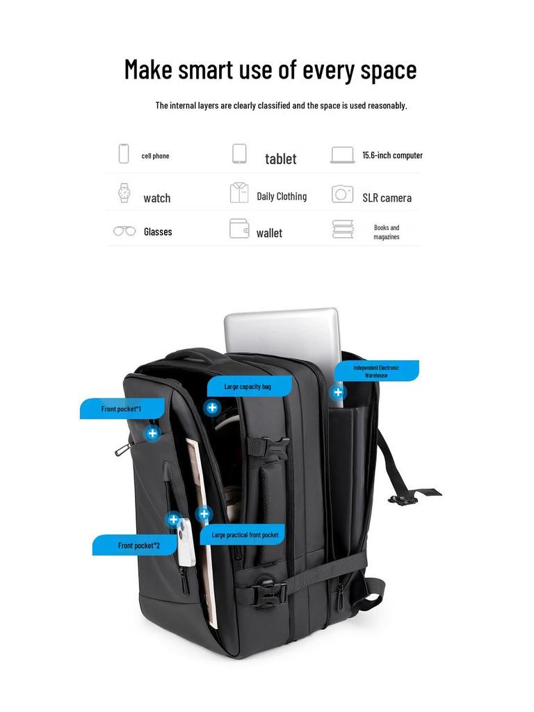 Men's Business Backpack: High-End, Expandable, Large Capacity, Water-Repellent Laptop Bag with Leather Film