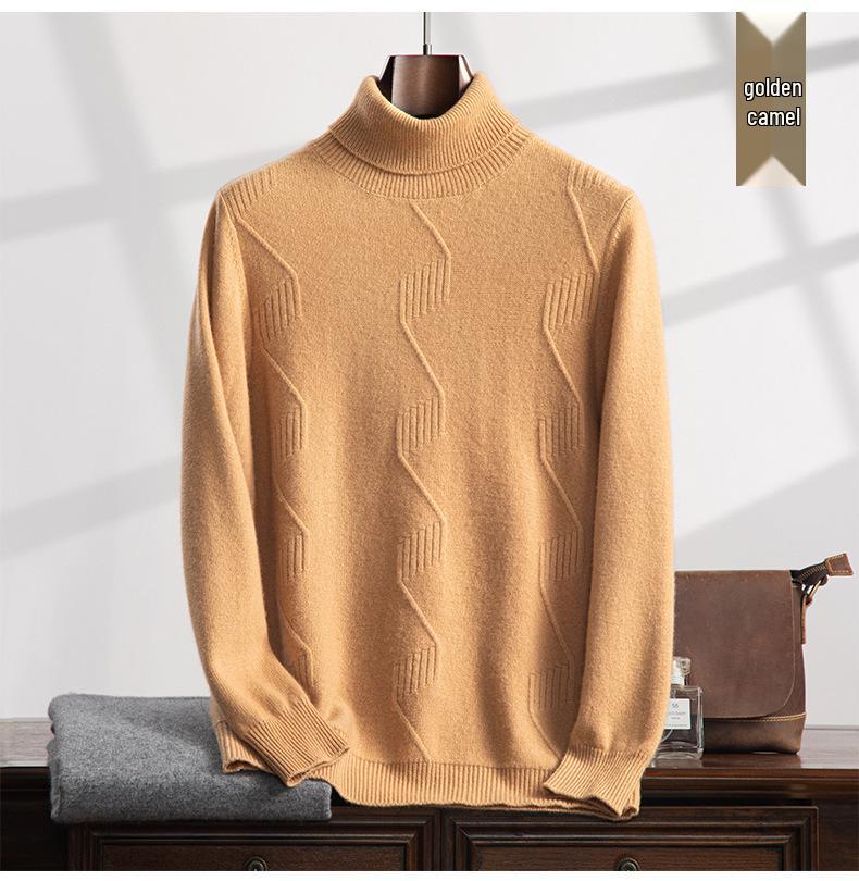 Suéter Masculino de Cashmere de Gola Alta com Fio Duplo - Grosso, Manga Longa, Tamanho Grande, Tricô de Cor Pura