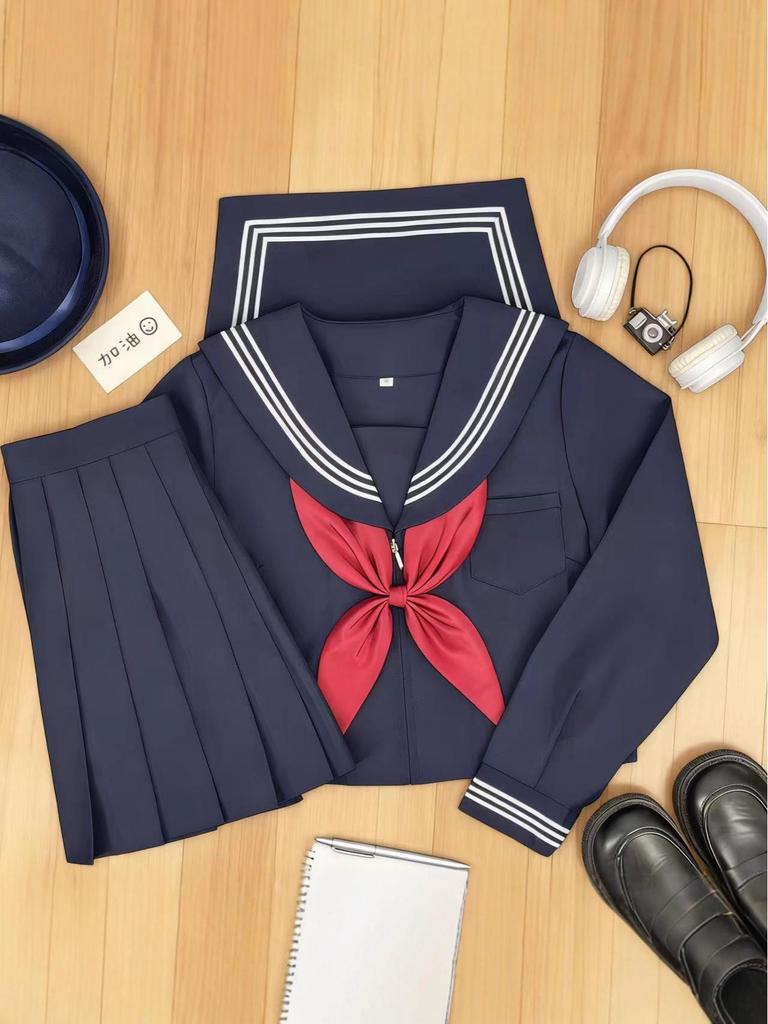 Ciemnoniebieska Japońska Spódnica Mundurkowa JK - Trzy Paski, Jednolita, Średniej Długości, Plisowana Marynarska Spódnica dla Uczniów
