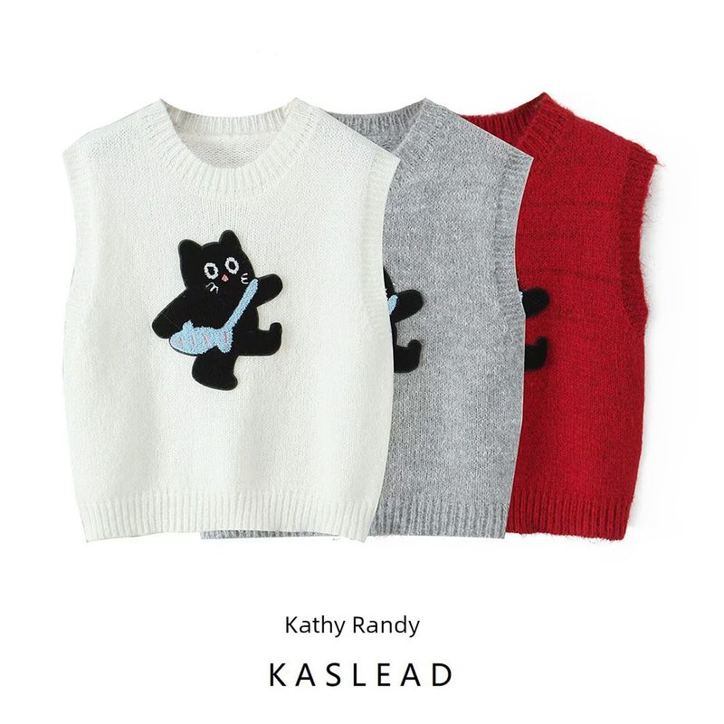 Kaslead New Women clothes Western Style Towel Embroidery Stickers Cartoon Kitten Pattern Pullover Vest Sweater