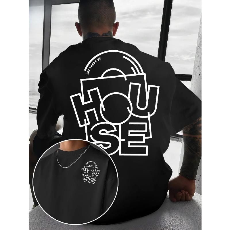 Men's EDM HOUSE Music T-Shirt - Black & White Color Block Tee with Deconstructed HOUSE Font Print, Round Neck Short Sleeve Suitable for Daily Wear