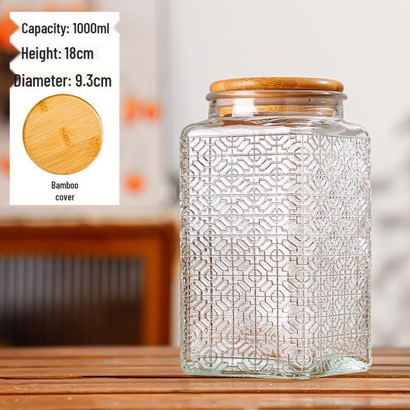 Retro Carved Storage Jar with Acacia Wood Lid for Grains, Dried Fruits, and Snacks