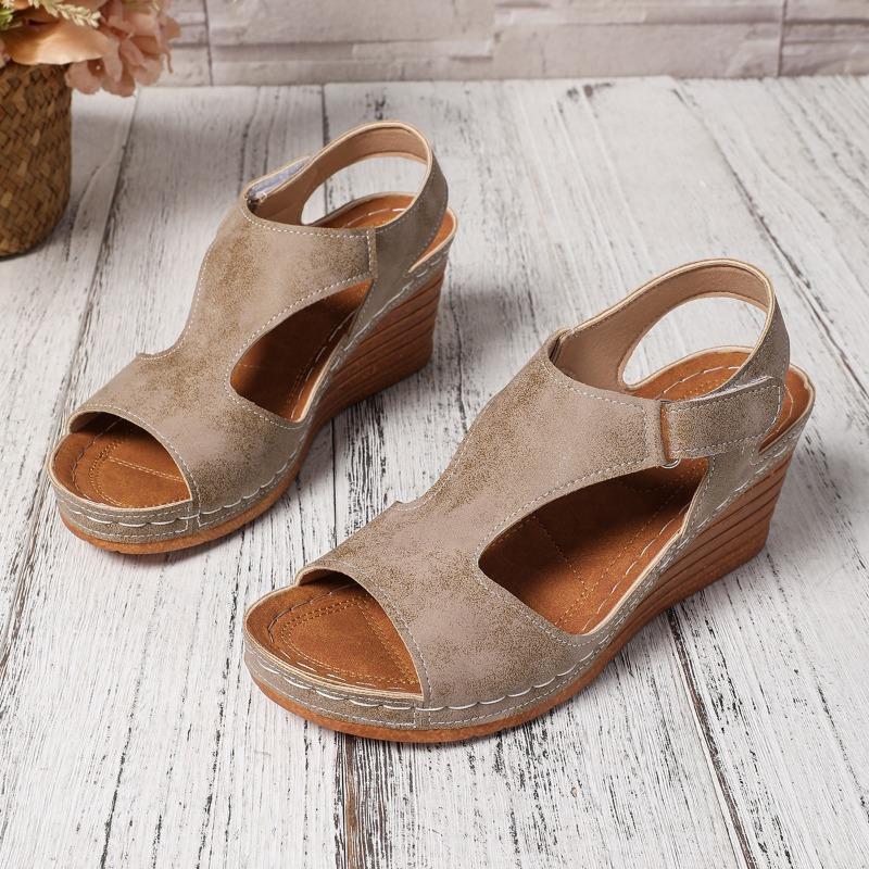 Summer New Large Size Sandals Women's Sewing Line Breathable Velcro Hollowed Wedge Sandals Women