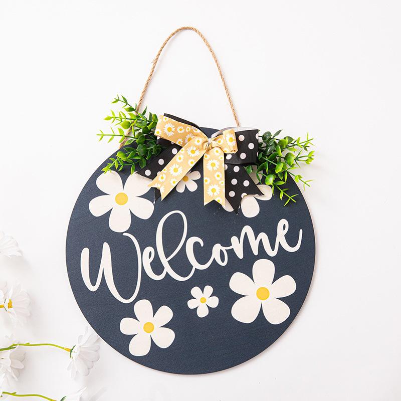 Little Daisy Welcome Wooden Door Sign with Greenery & Polka Dot Bow
