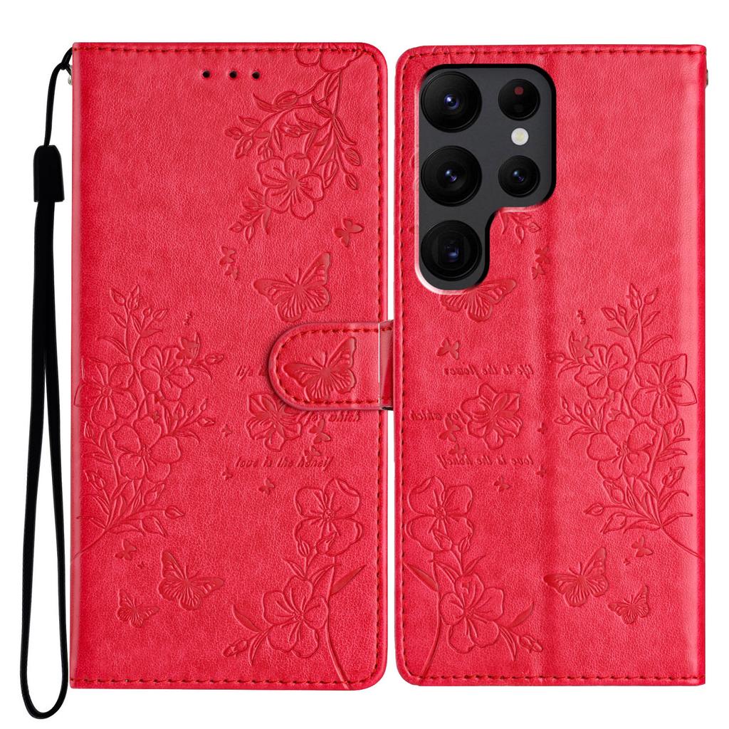 For Samsung Galaxy S24 Ultra Stand Case Butterfly Floral Imprint Leather Wallet Phone Cover