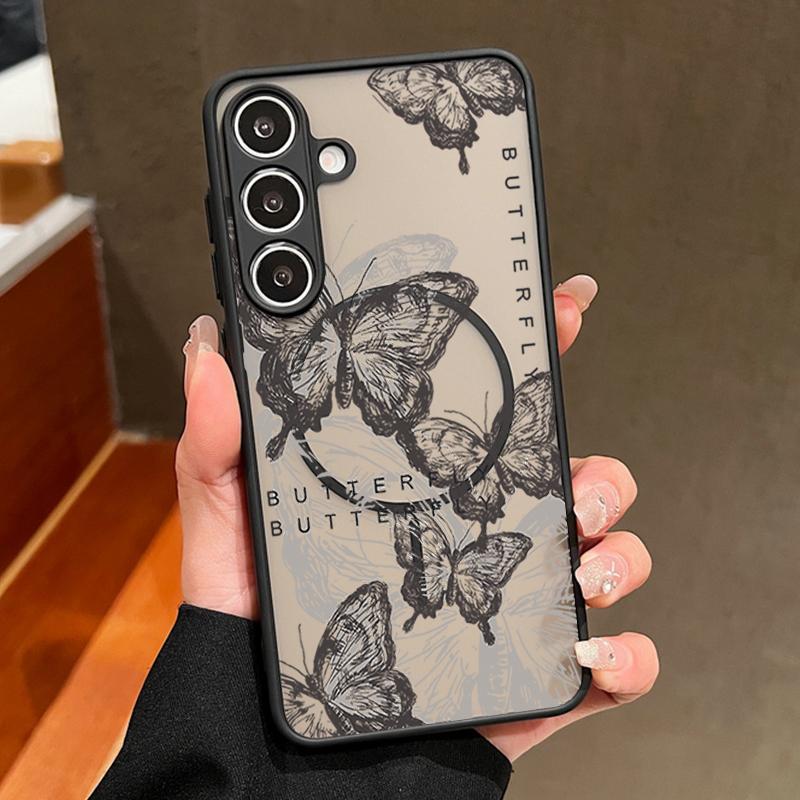 Butterfly Pattern Case For Samsung Galxy S26 Ultra S25 Edge S24 S23 S22 Plus S21 FE Magnetic Thin Ring Skin Texture Cover