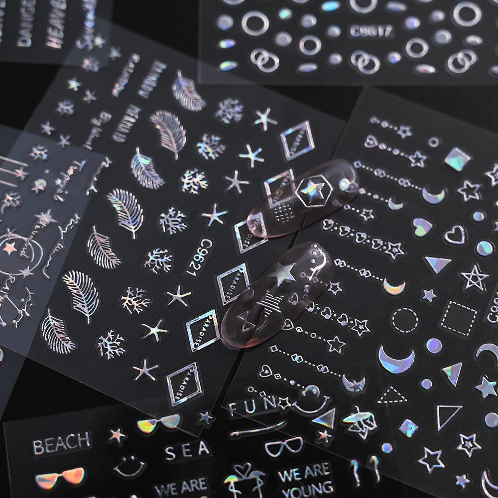 30Sheets Diamond Design Nail Sticker Laser Silver Star Heart Nail Decals 5.5*6.5cm Shiny Adhesive French Line Stripe Nail Slider