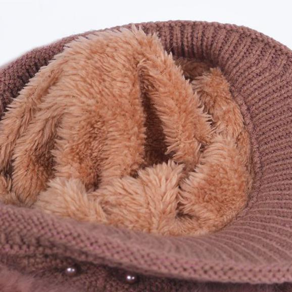 WTEMPO Winter Rabbit Hair Blend Hats Women Winter Large Caps with Pearls Solid Color Warm Plush Thick Knitted Hats