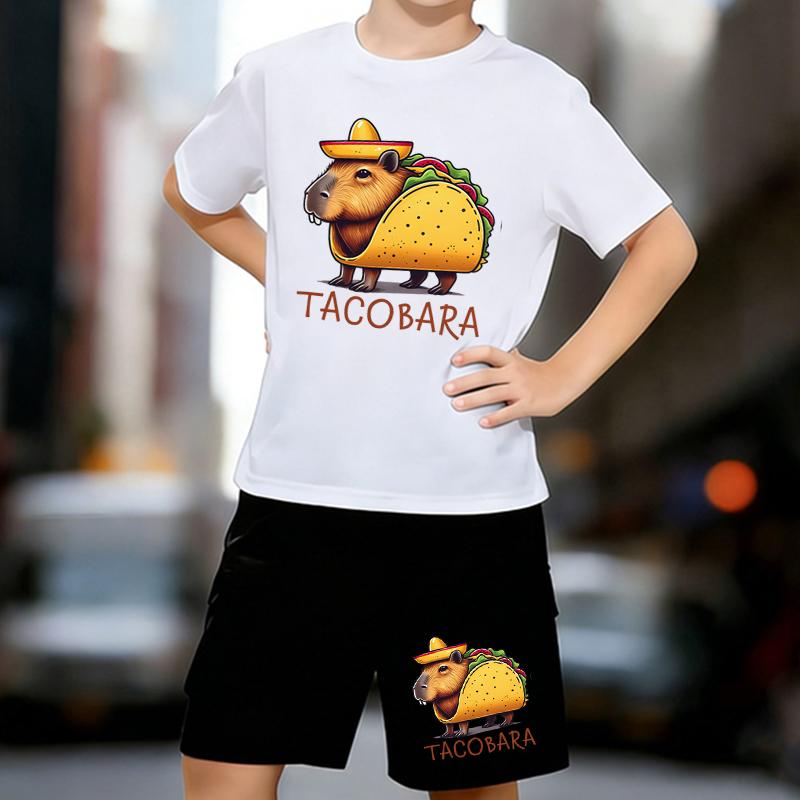 

Boys 2 Piece Taco Capybara Print outfit, Short Sleeve T-Shirt and Shorts Set for Kids Age 5-14,White, Black Sporty Casual Summer Clothes 13-14 Years