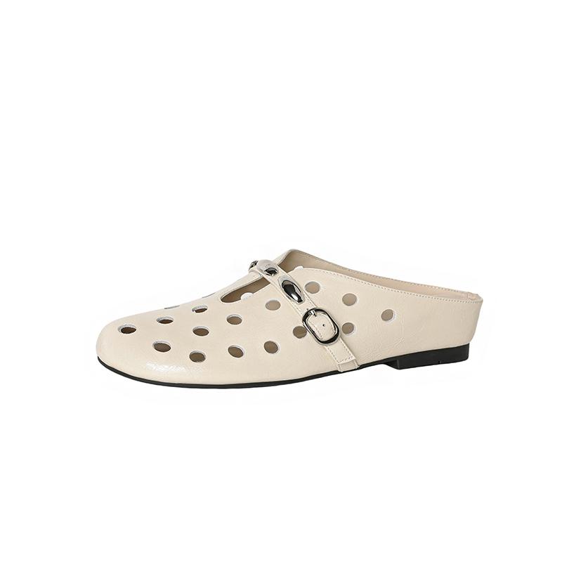Fashion New Women's Genuine Leather Cowhide Breathable Perforated Metal Belt Buckle with a Middle Heel and Toe Cover, M Ü Ller Slippers