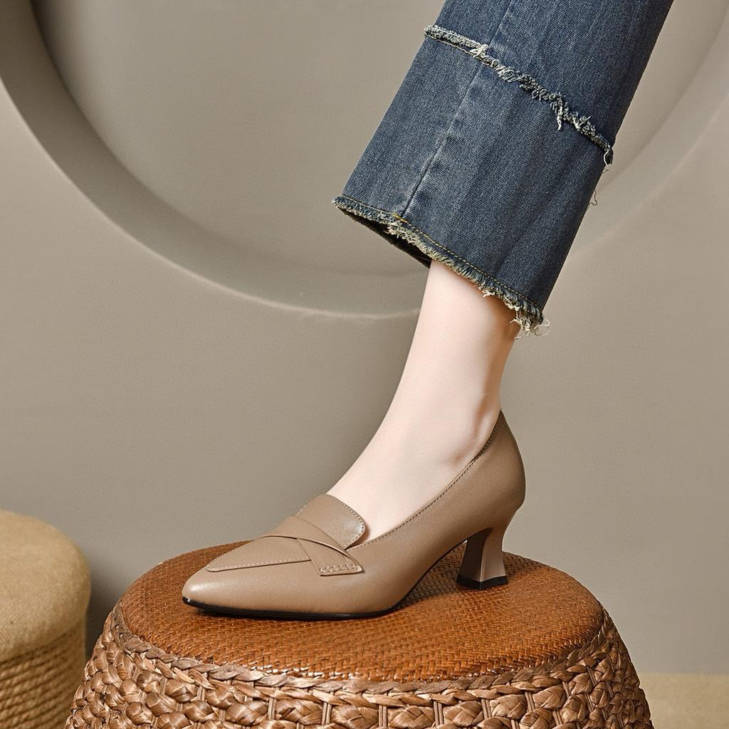 Pointed High Heels Women's Autumn Shallow Mouth Commuter Work Shoes Two Kinds of High Cowhide Women's Single Shoes