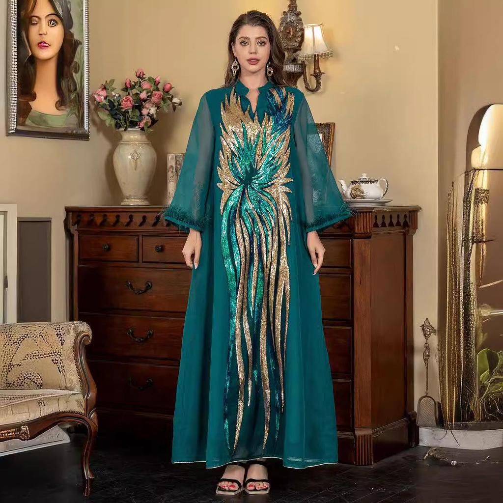 SW008 V-Neck Long Sleeve Muslim Abaya with Ostrich Feather and Sequin Embellishments