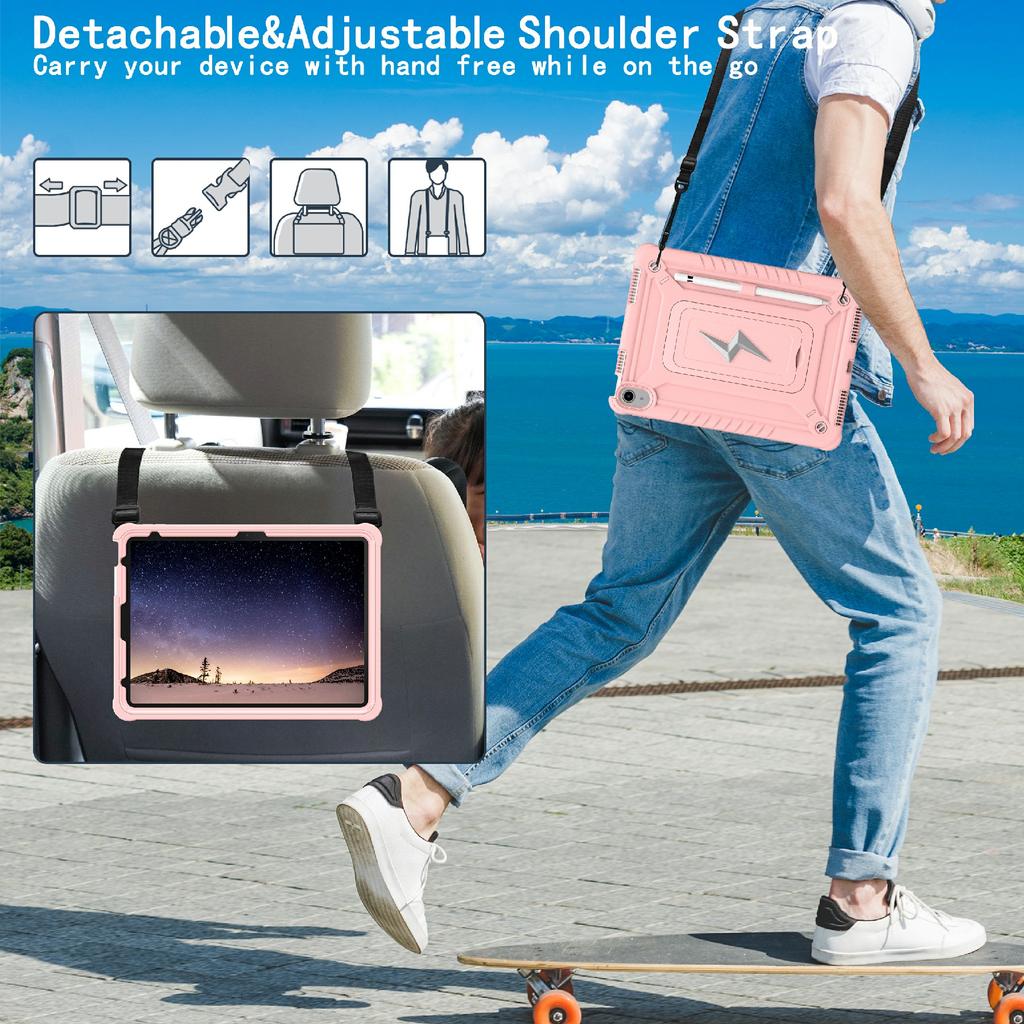 Pro iPad (2025)/10,9 (2022) Pouzdro s opěrkou PC + Silikonový kryt na tablet s ramenním popruhem
