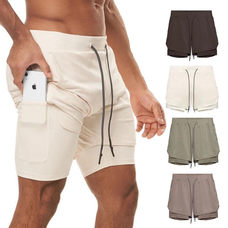 Men's Double Layer Color Block Sports Shorts with Hang Towel - Breathable, Solid Color Fitness Running Shorts.