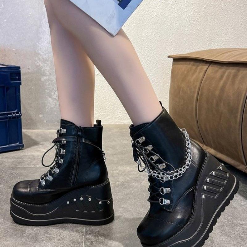 New Autumn Winter Ankle Women's Round Toe Side Zipper Strip Thick Soled Short Leg Boots for Women Size 43 Large Wedge Heel Boots