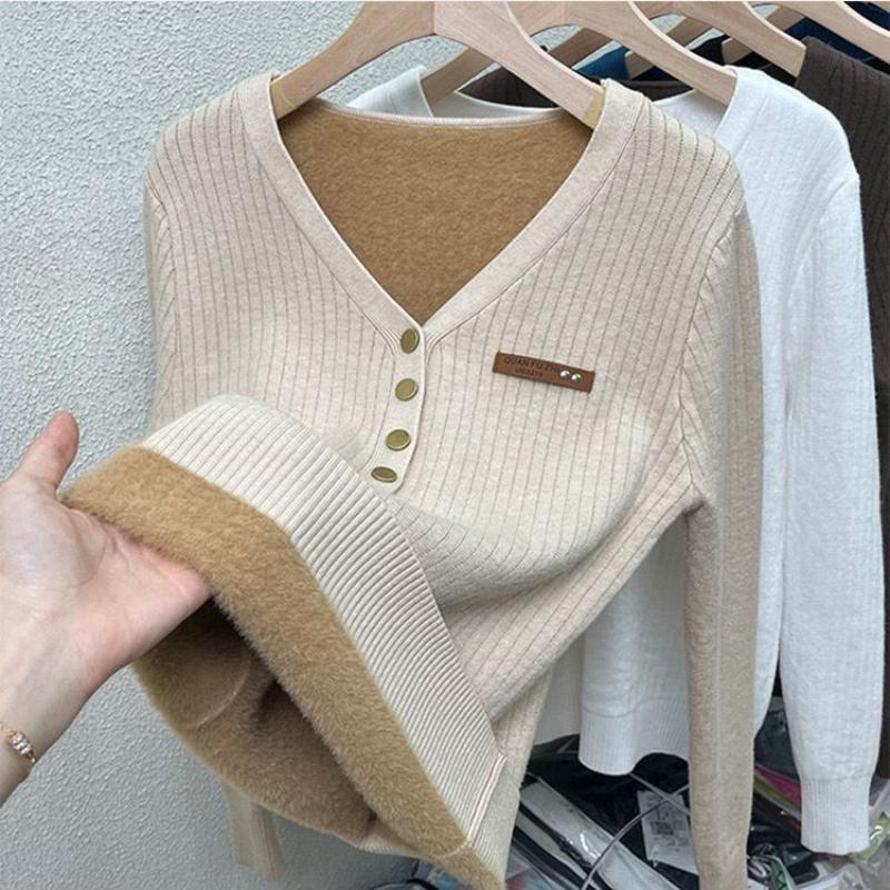 

Плюшевый и Утепленный Цельный Флисовый Свитер Универсальная Вязаная Базовая Рубашка для Женского Гардероба, Стильный Приталенный Топ с V-образным Вырезом для Осени и Зимы XXL хаки