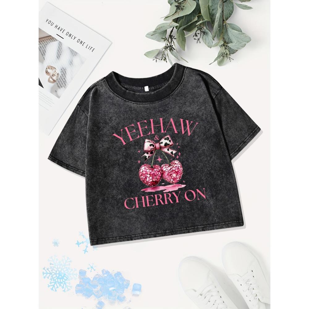 Summer Cotton Crop Tops Womens Pink Bow Cherryprints Washed T-Shirts Distressed Regular Fit O-Neck Streetwear Clothes