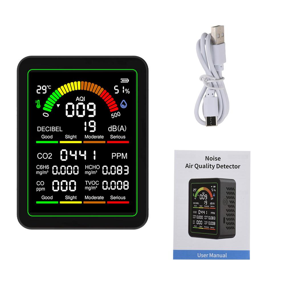 9-in-1 Air Quality Detector CO2 Monitor co, hcho, tvoc, c6h6, aqi, noise Level Detector Formaldehyde Temperature Humidity Meter