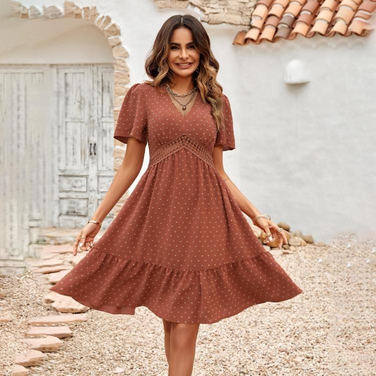 A-Line High Waist Above Knee Solid Color V-Neck Short Sleeve Women Casual Dress Spring Summer Lotus Leaf Design S-XL