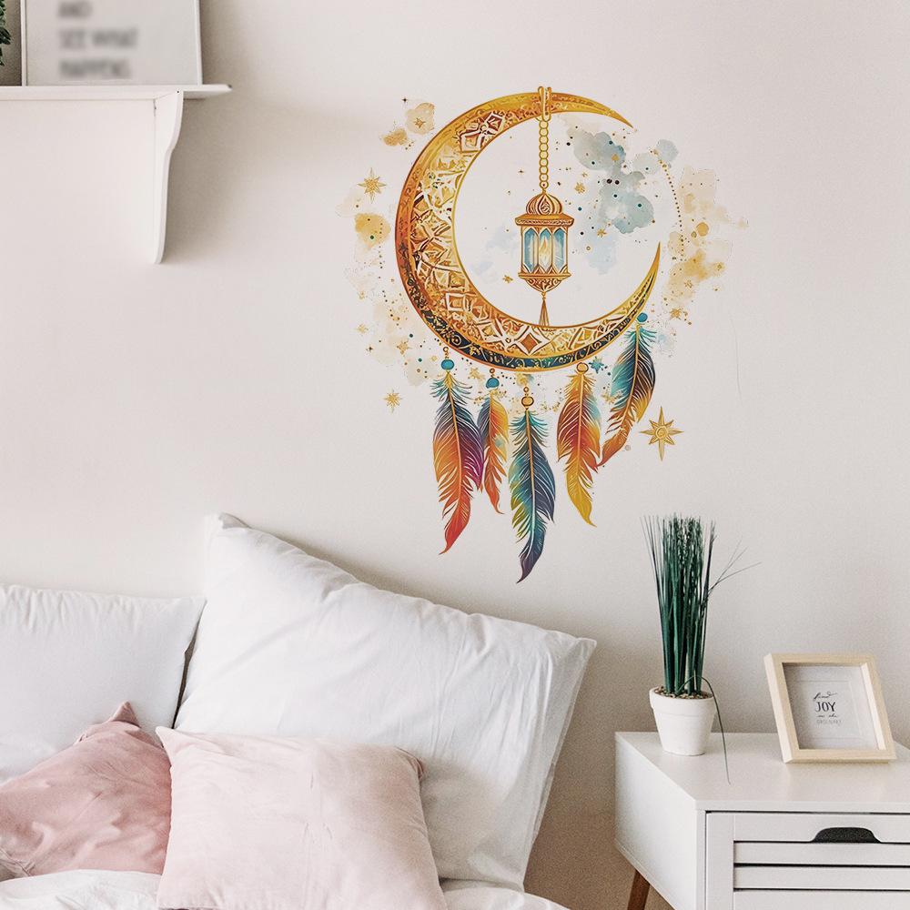 Creative Moon Feather Pattern Wall Stickers for Bedroom Living Room Home Background Decoration