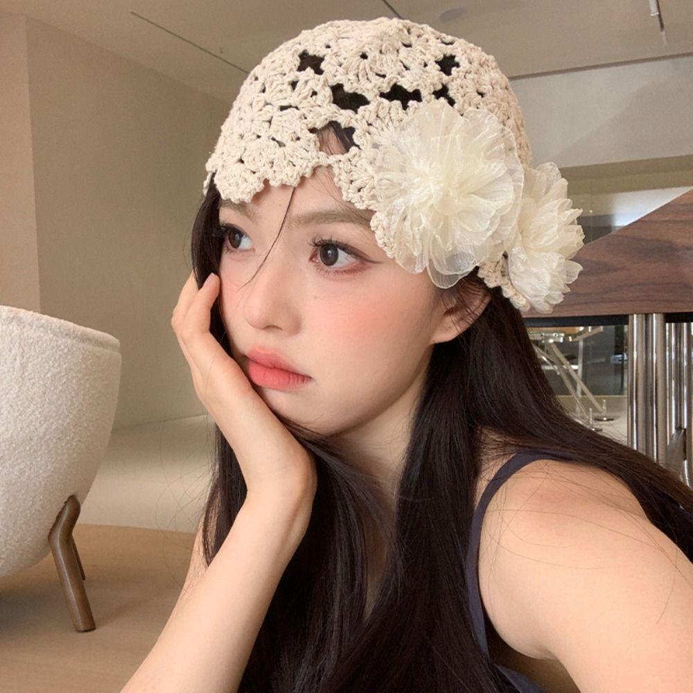 Flowers Beret Cap Lace Hand Woven Yarn Cap Casual Skullies Hat Autumn