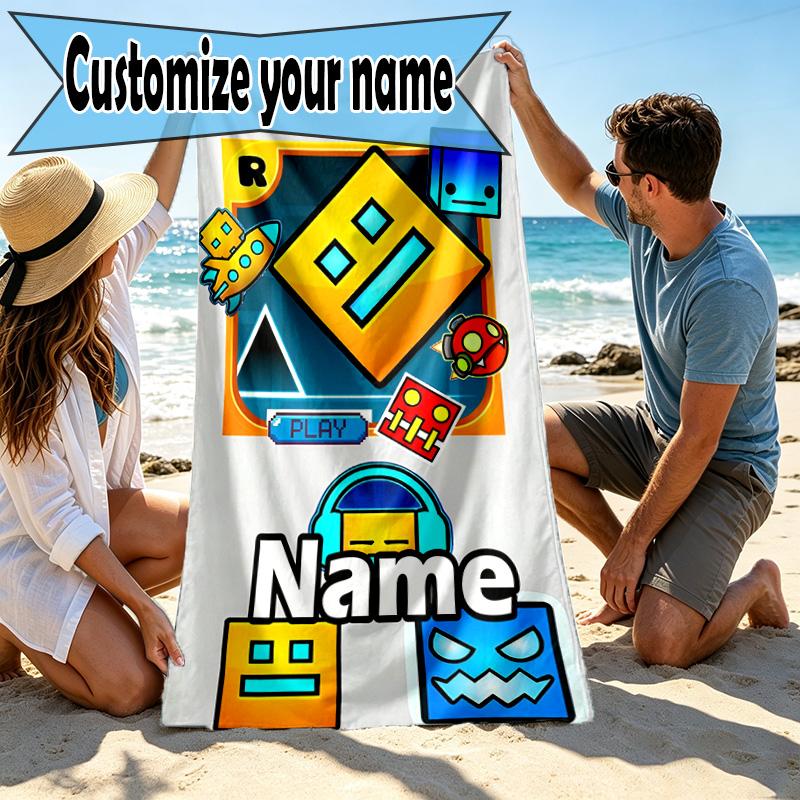 Custom Name Personalized Geometry Dash Print Beach Towel, for Trip Camping Beach Party Home Decor, Birthday Gift for Family & Friends