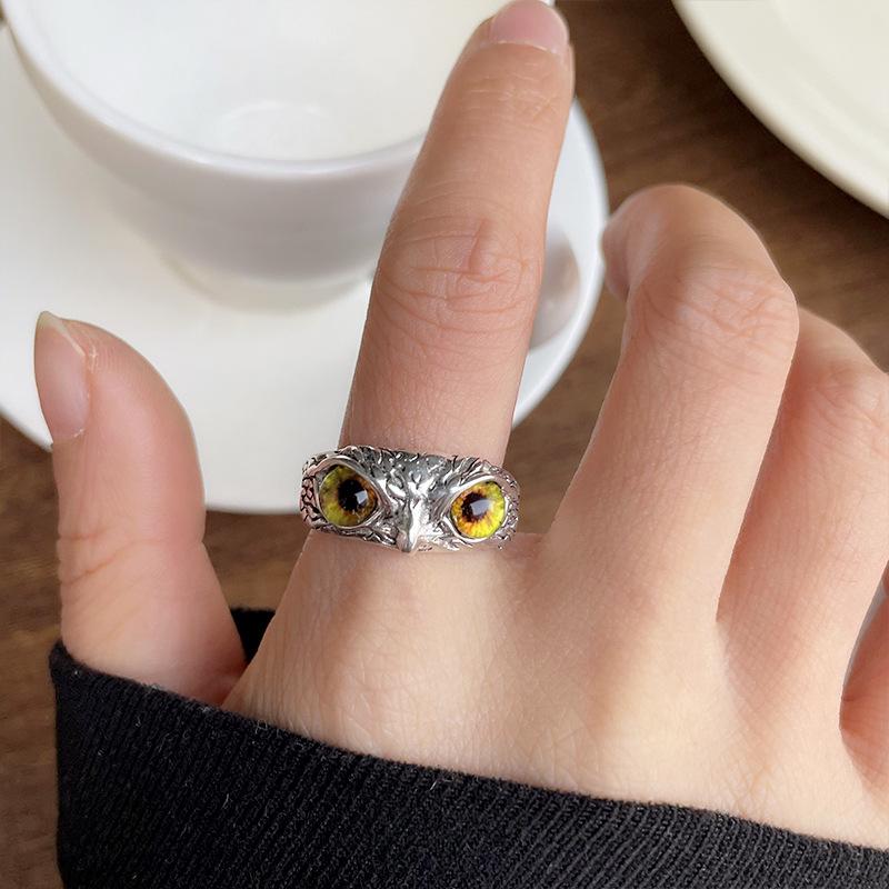 Cute Retro Thai Silver Cat Rings Fashion Cat Owl Eye Opening Adjustable Ring for Women Men Trendy Statement  Accessories