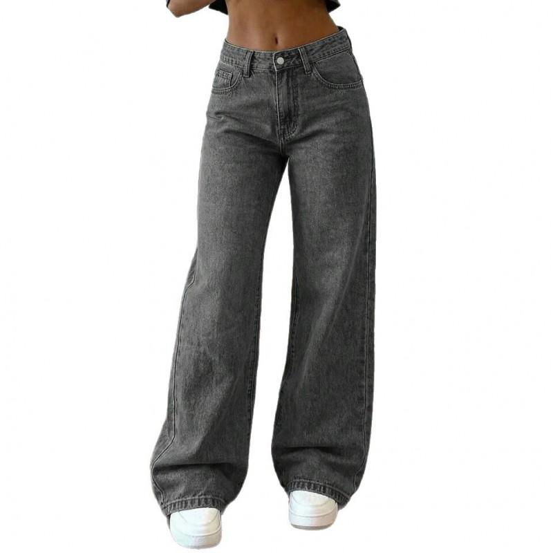 2026 High-Waisted Wide-Leg Straight Cut Distressed Denim Jeans Women Loose Fit Long Trousers