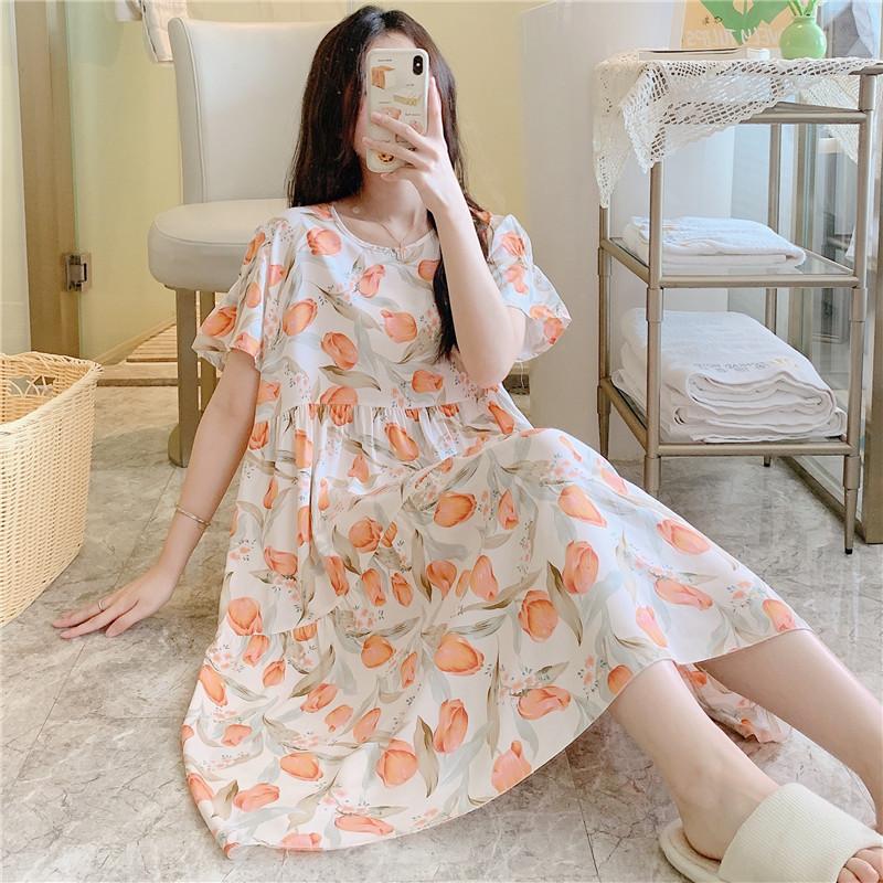 Cotton and Silk Nightgown Women's Summer Short-sleeved Large-size High-end Printed Maternity Pajamas Can Be Worn Outside Long Loungewear
