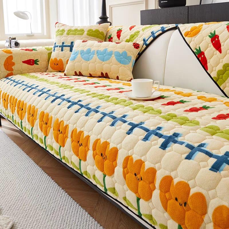 Milk Velvet Color Sofa Cushion Pastoral Style Plush Cushion Winter Thickened Non-Slip Sofa Cover Towel