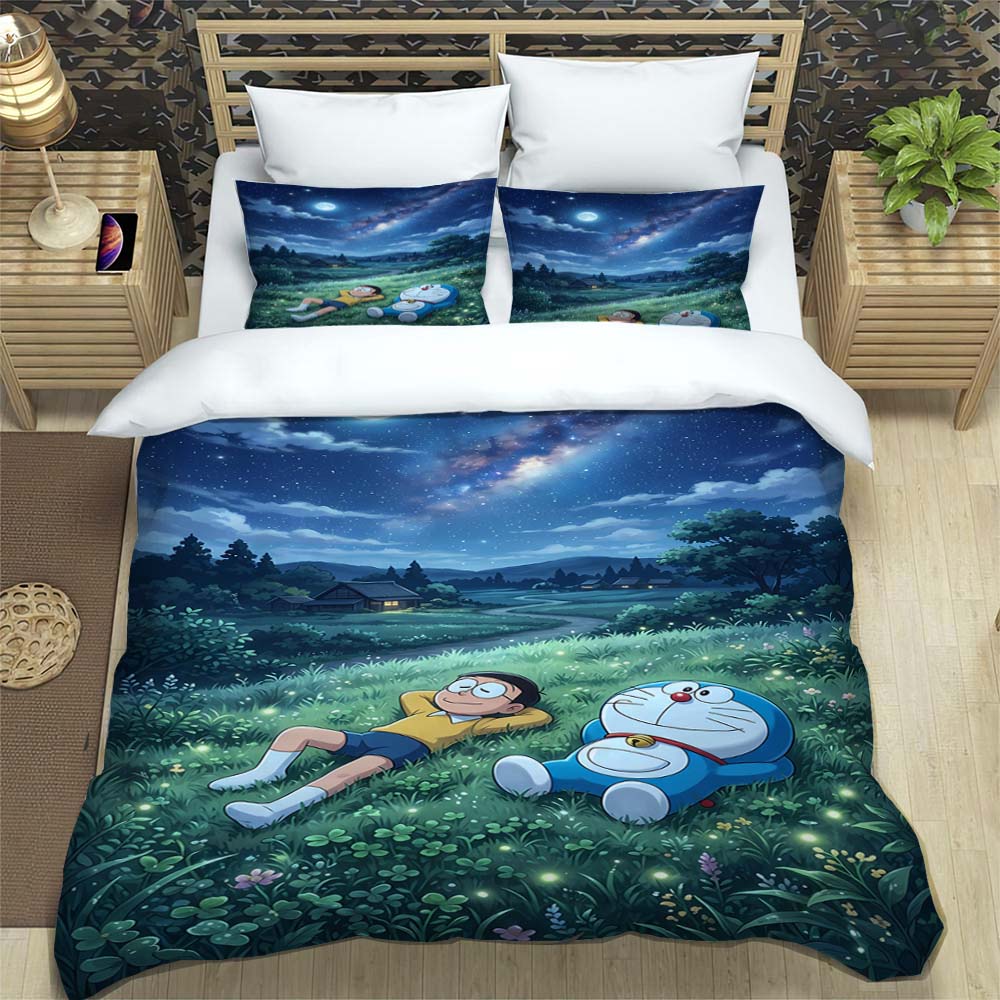 Doraemon Anime Serie Bettwäsche-Set, Inklusive Bettbezug und Kissenbezügen, 3-teiliges Set; Schlafzimmerdekoration kann individuell gestaltet werden.