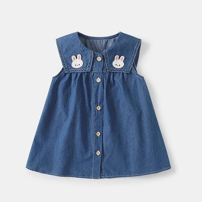 3-8 Years Kids Girls Rabbit Embroidered Demin Dress Sleeveless Coat 100