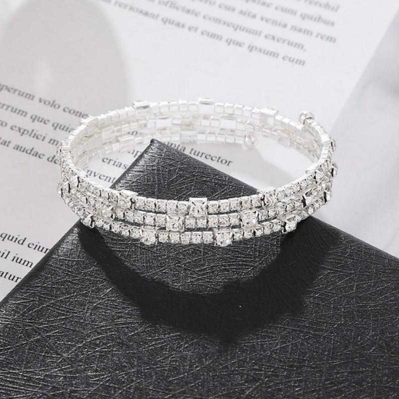 Bridal Full Diamond Open Bracelet, Sexy Crystal Bracelet 3 Rows Arm Rhinestone Bracelet