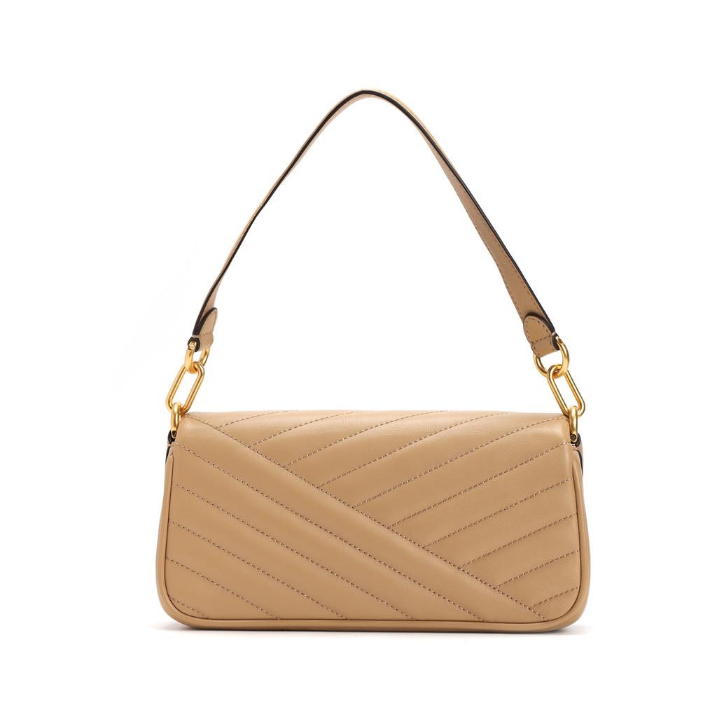 Tory Burch Kira Gold Logo V-Streifen Stepp Klappe Beschläge Leder Tragetasche Umhängetasche Klein Damen Taschen Braun 90456-251