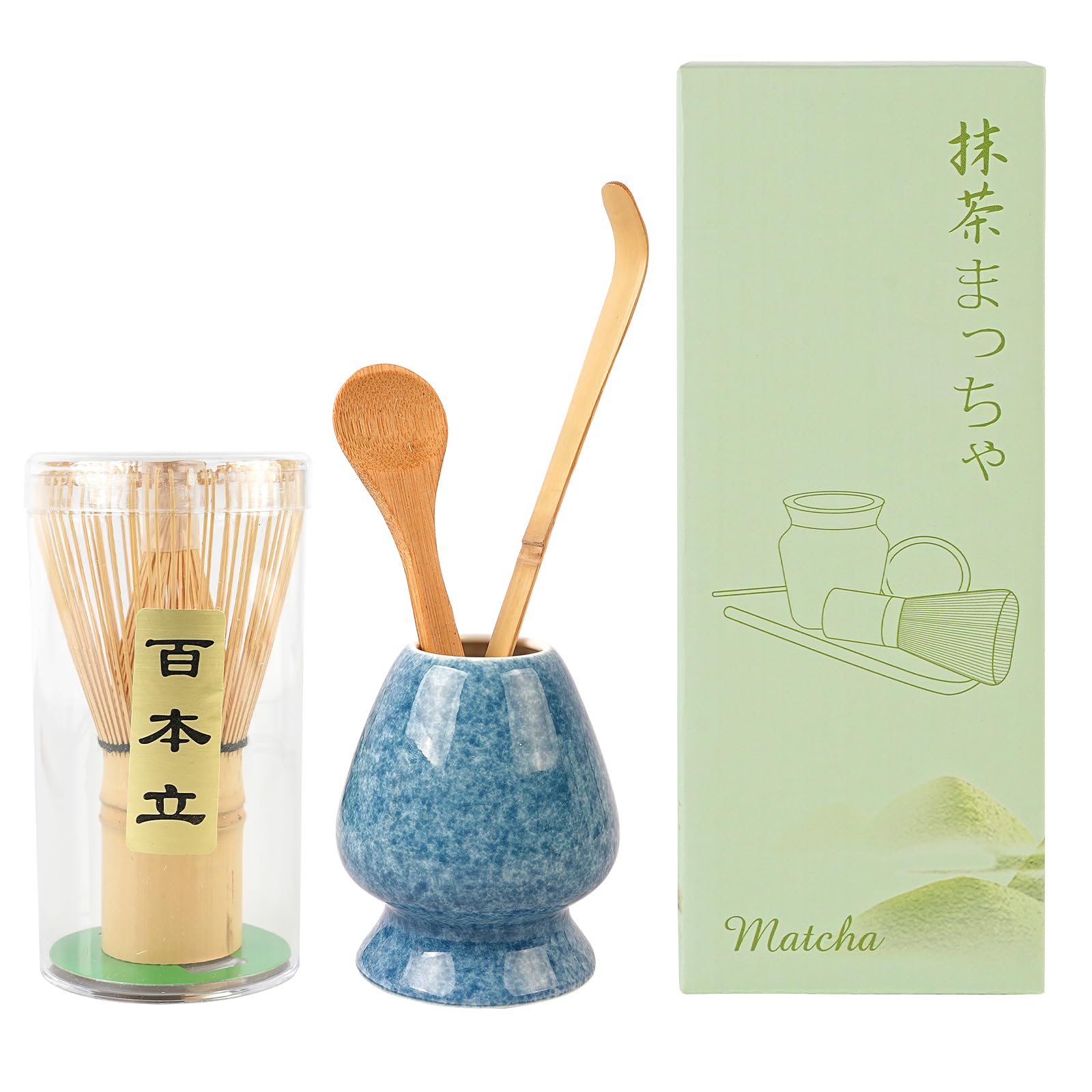 voocye Tea Ceremony Utensil Set Includes a Matcha and Tea Includes a Chasen and 4-Piece (Blue) 100-Stem Chasen, Powder, Whisk, Scoop. Stand, синий