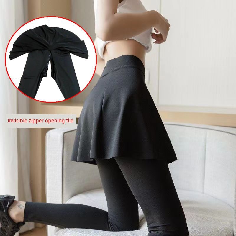 

Spring and Summer Outdoor Double-Headed Invisible Zipper Open Crotch Fashion Tape Yoga Skirts Fake Two-Piece Slim Looking High Waist Pleated Skirt
