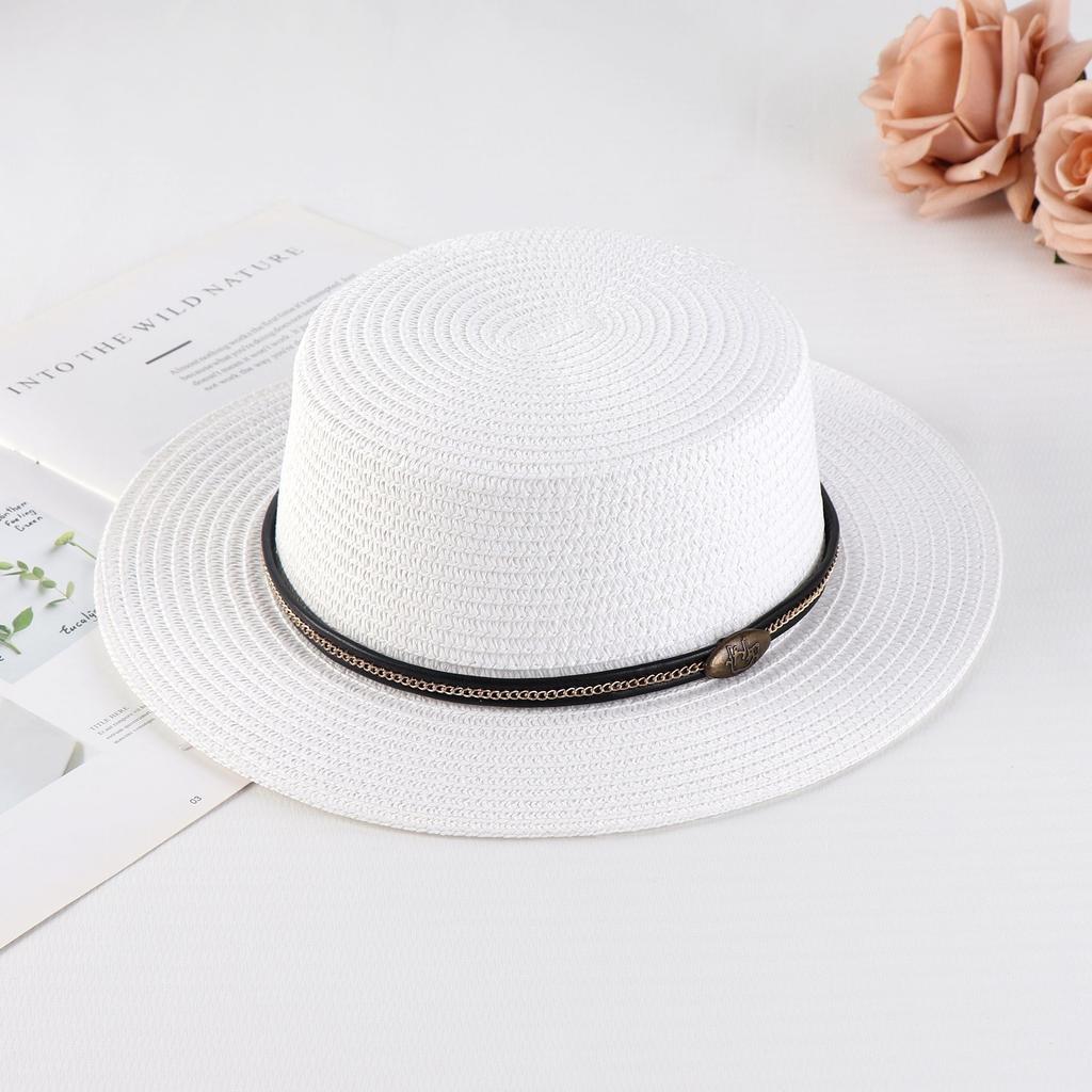 Summer women's vacation seaside cool hat rhinestone letter belt personalized British style retro flat top sun hat
