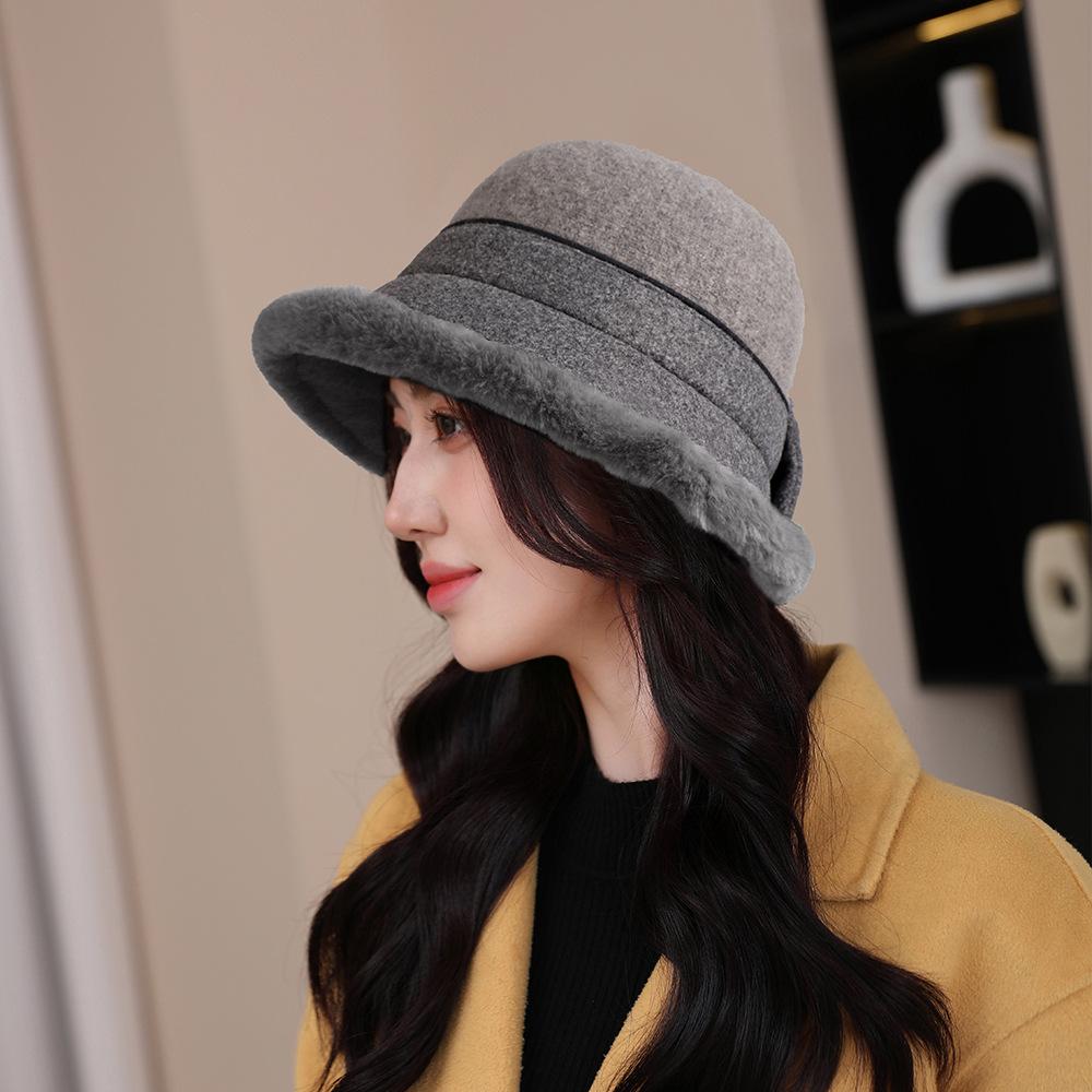 Women Vintage Wool Cloche Hat Plaids Patchwork Bucket Hat Bowler Hat with Bow