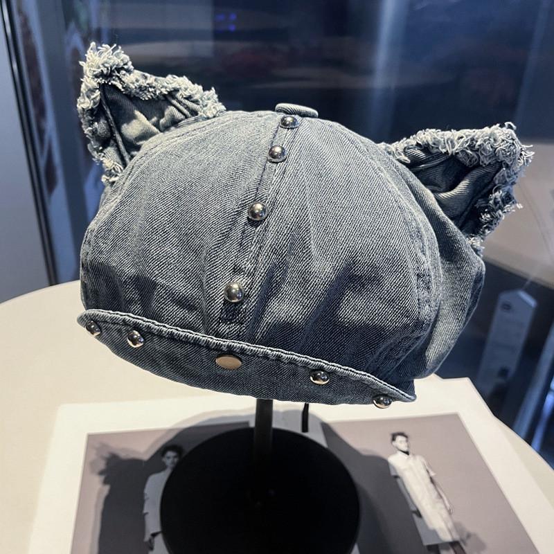 Cowboy Style Denim Beret With Studded Detail For Casual Streetwear And Outings