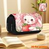 Sweet Strawberry Bunny 2D Printed Double-Layer Flip-Top Black Pencil Case - Back-to-School Essential Pencil Box, Daily Multi-Functional Makeup Bag, La