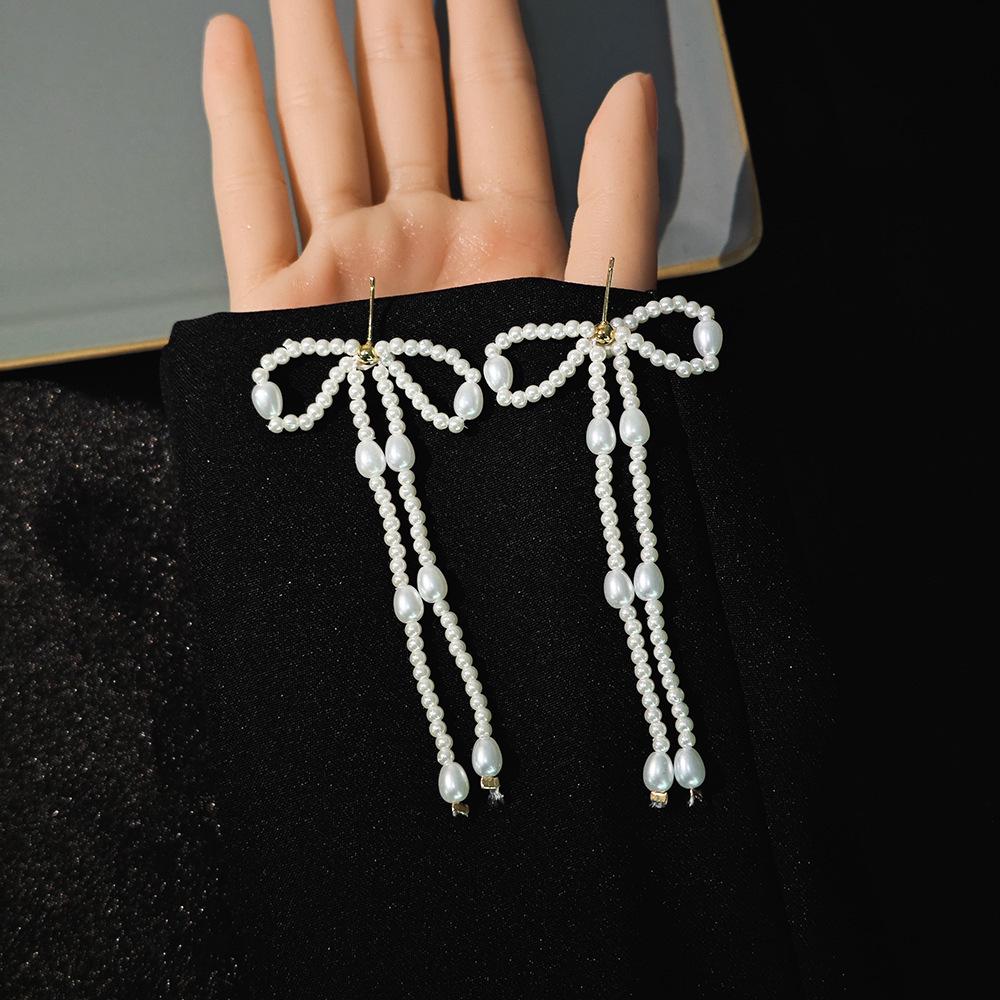 Silver Needle Long Tassel Pearl Earrings - Sweet, Fairy Bow Design
