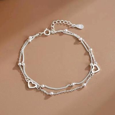 925 Silver Hollow Heart Bracelets For Women Girls Vintage Korean Design Double Layer Beads Bracelet Party Jewelry Gifts
