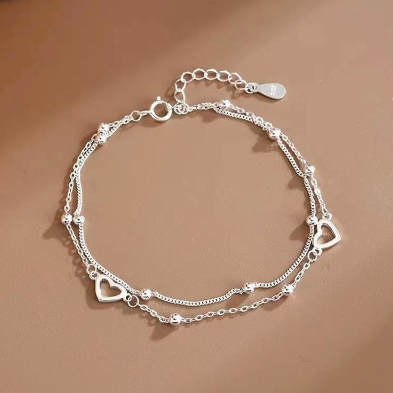 925 Silver Hollow Heart Bracelets For Women Girls Vintage Korean Design Double Layer Beads Bracelet Party Jewelry Gifts