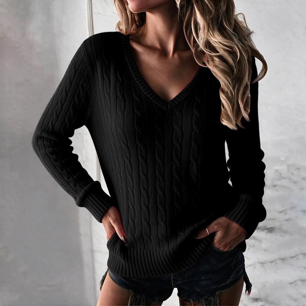 Maglione da Donna a Manica Lunga con Scollo a V a Treccia Colore